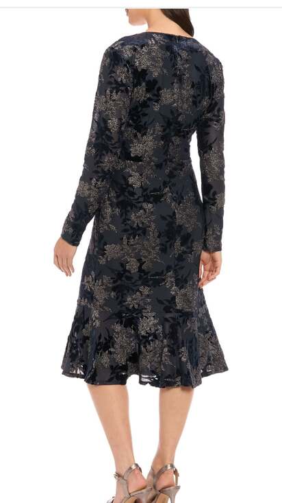 London Times Black Floral Burnout V-Neck Long Sleeve Faux Wrap Dress - Picture 2 of 3
